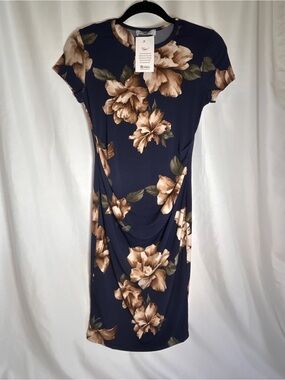 My Bump Maternity Floral Ruched Dress Size Small Navy Blue Short Sleeve NWT